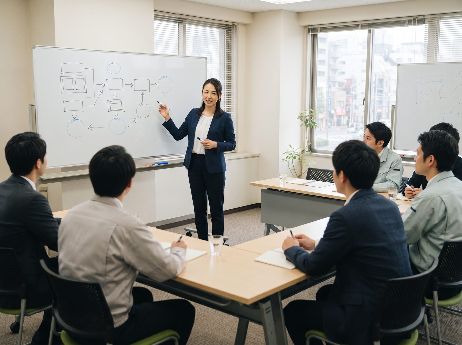 ホワイトボードの前で話す講師と社員