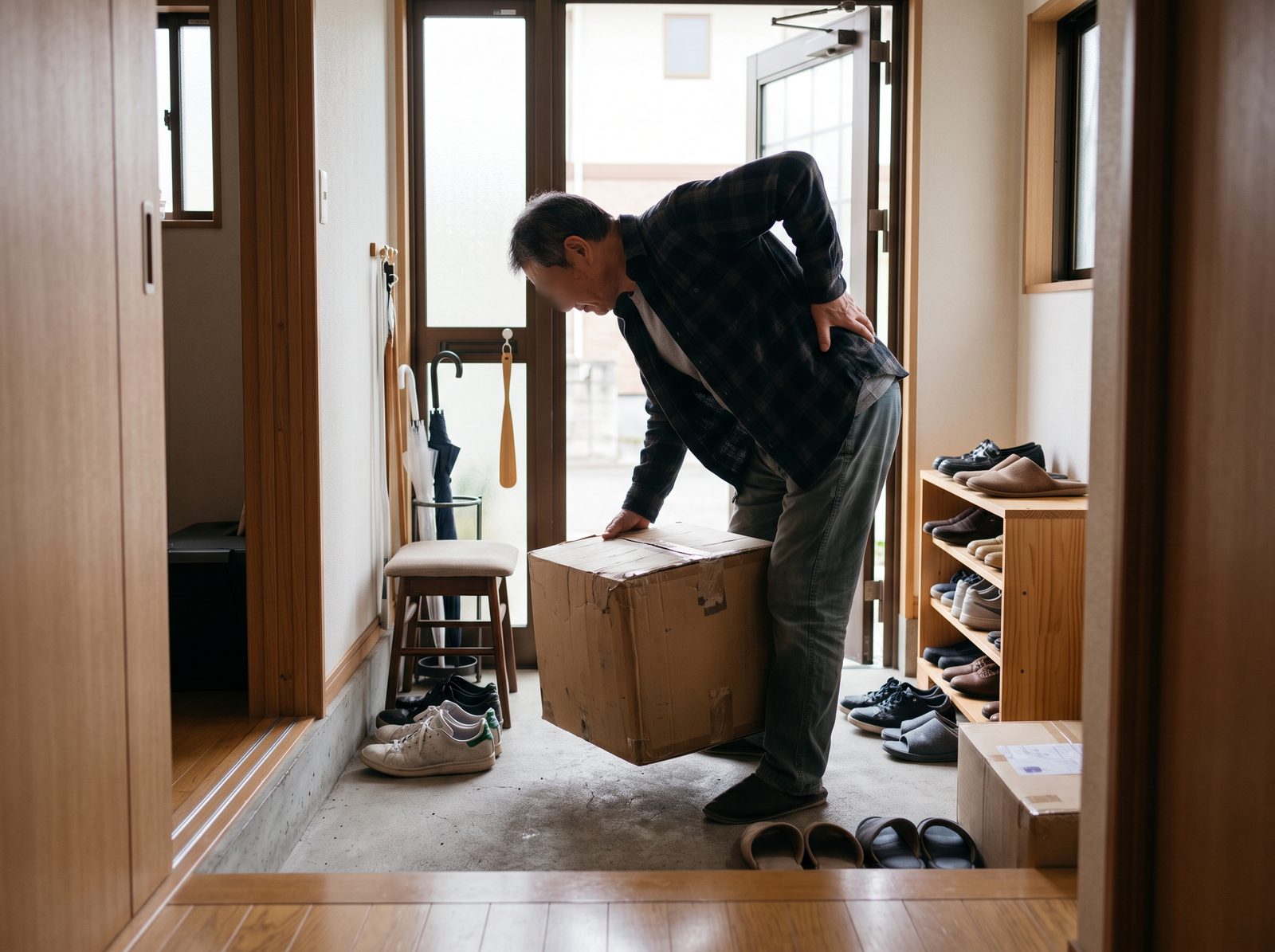 重い荷物を持ち上げる場面