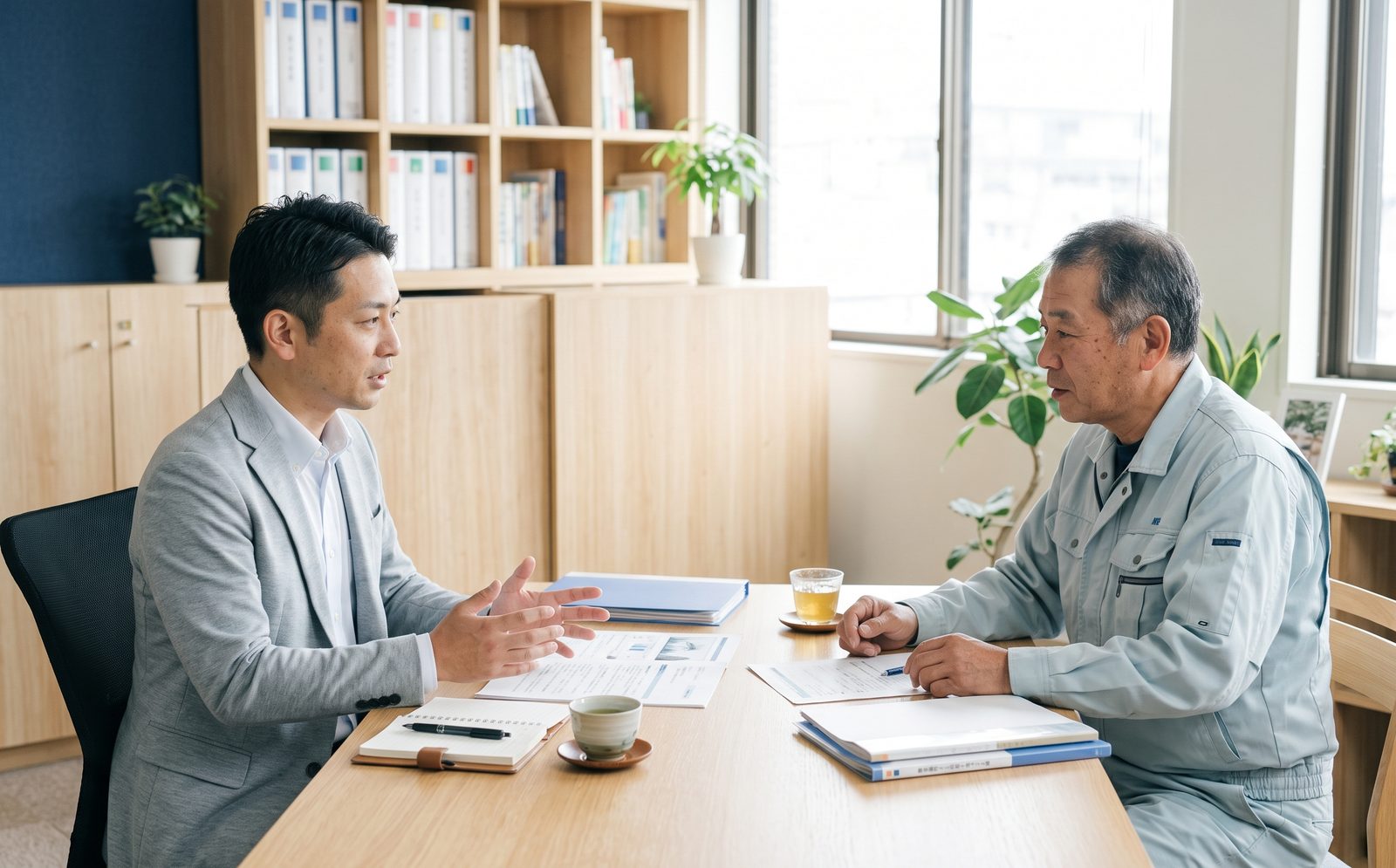 小さな会社の事務所で話をする様子