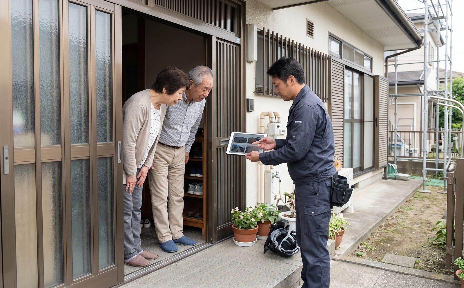 タブレットで屋根の写真を見せながら説明する様子