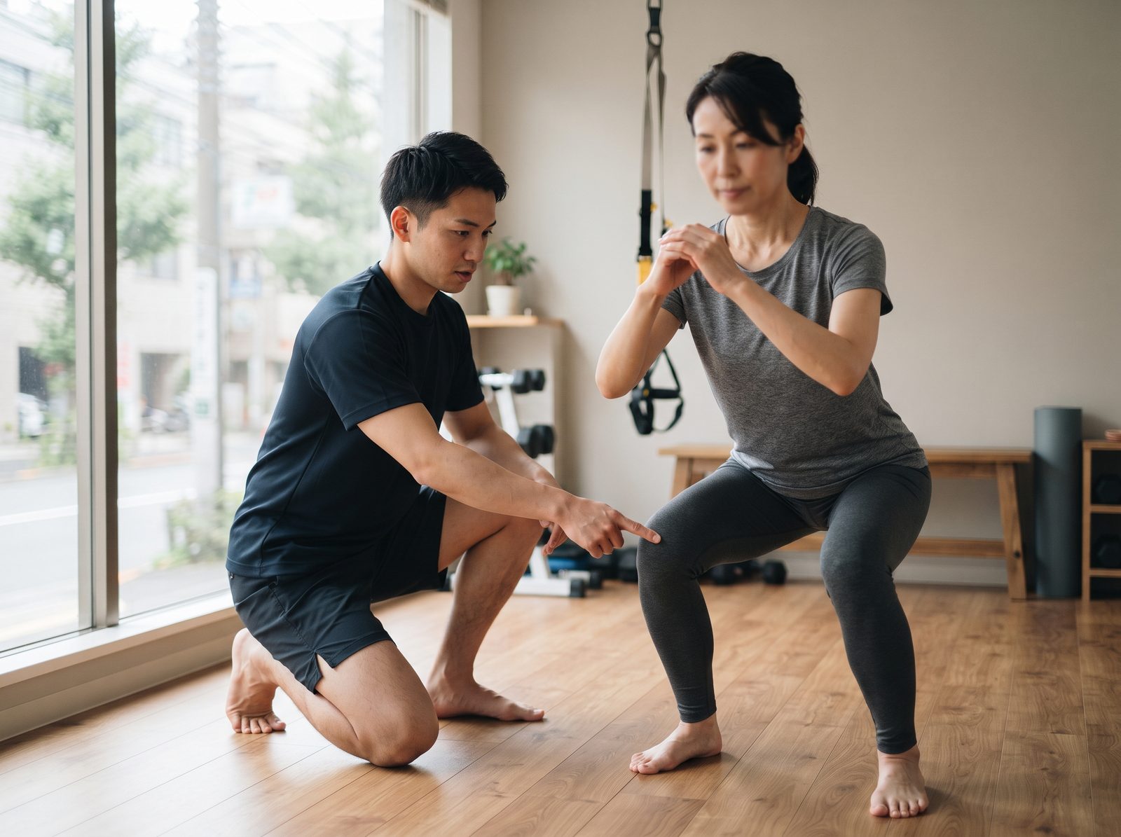 トレーナーが女性のスクワットの姿勢を確認している様子