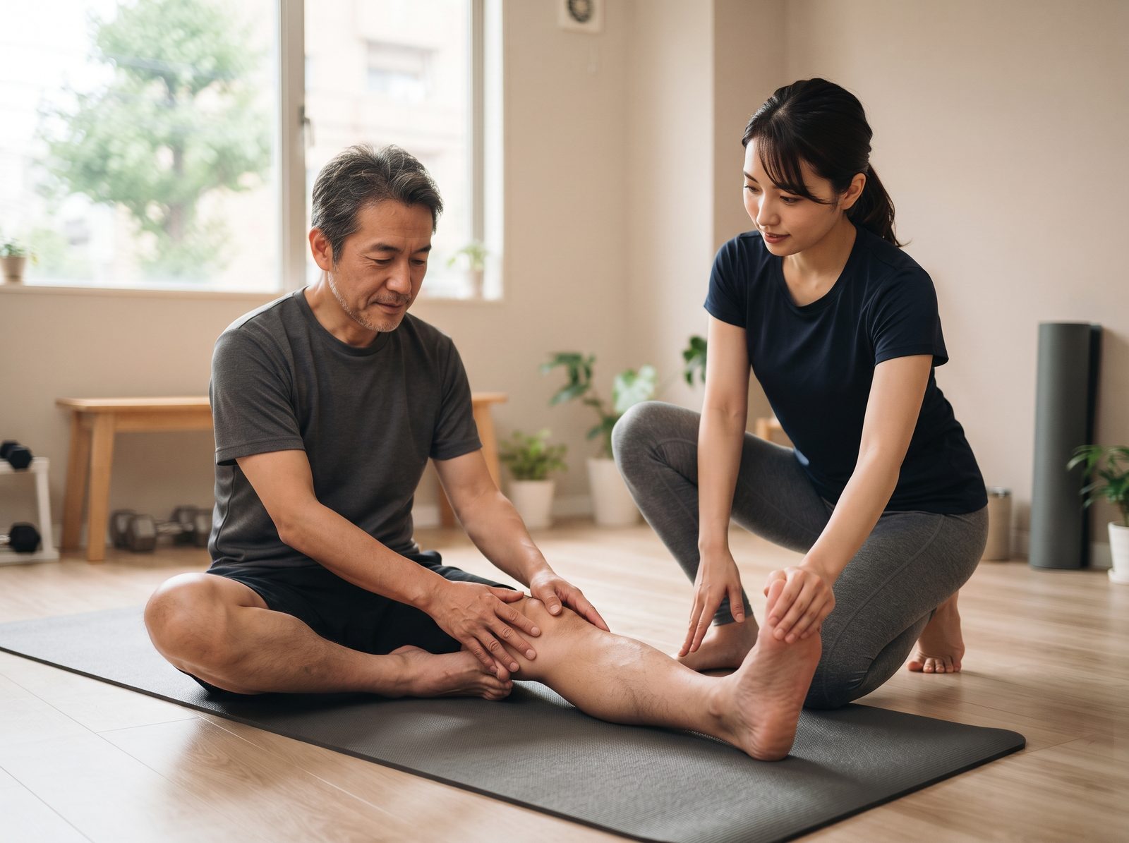 トレーナーが男性のストレッチを手伝う様子
